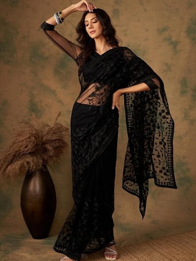 MANVAA Women’S Black Color Net Daimond And Jall Work Saree